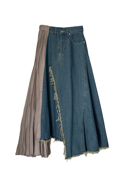 ASYMMETRIC PLEAT  DENIM SKIRT [INDIGOBEIGE]