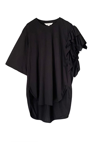 ASYMMETRIC RUFFLED SLEEVE T-SHIRT [BLACK]