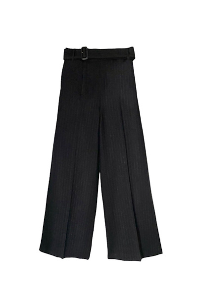 STRIPE WIDE LEG BELTED PANTS [BLACK]