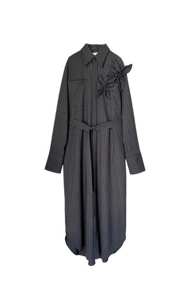 FLORAL APPLIQUE  STRIPE SHIRT DRESS [GREYWHITE]