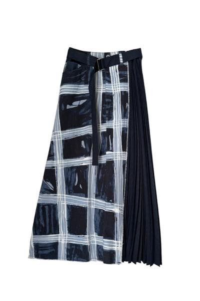 CHECK-PRINT ASYMMETRIC PLEAT DENIMSKIRT[BLUE-MULT]