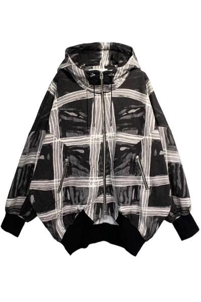 CHECK-PRINT ZIP UP HOODIE [BLACK-MULTI]