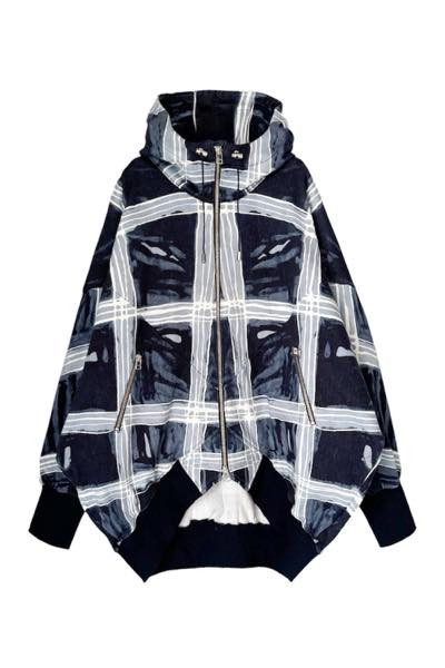 CHECK-PRINT ZIP UP HOODIE [NAVY BLUE-MULTI]